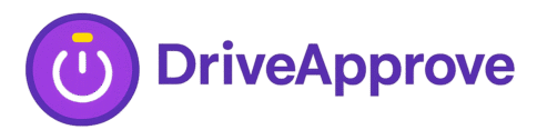 DriveApprove logo featuring a glowing purple power icon and text on a dark background.