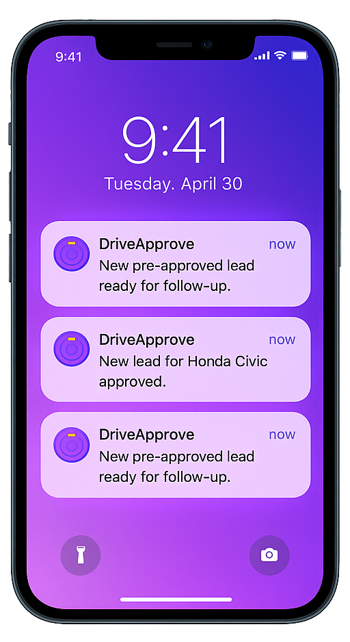 DriveApprove Notifications on iPhone – Auto Finance Leads iPhone displaying DriveApprove notifications about new pre-approved auto finance leads.