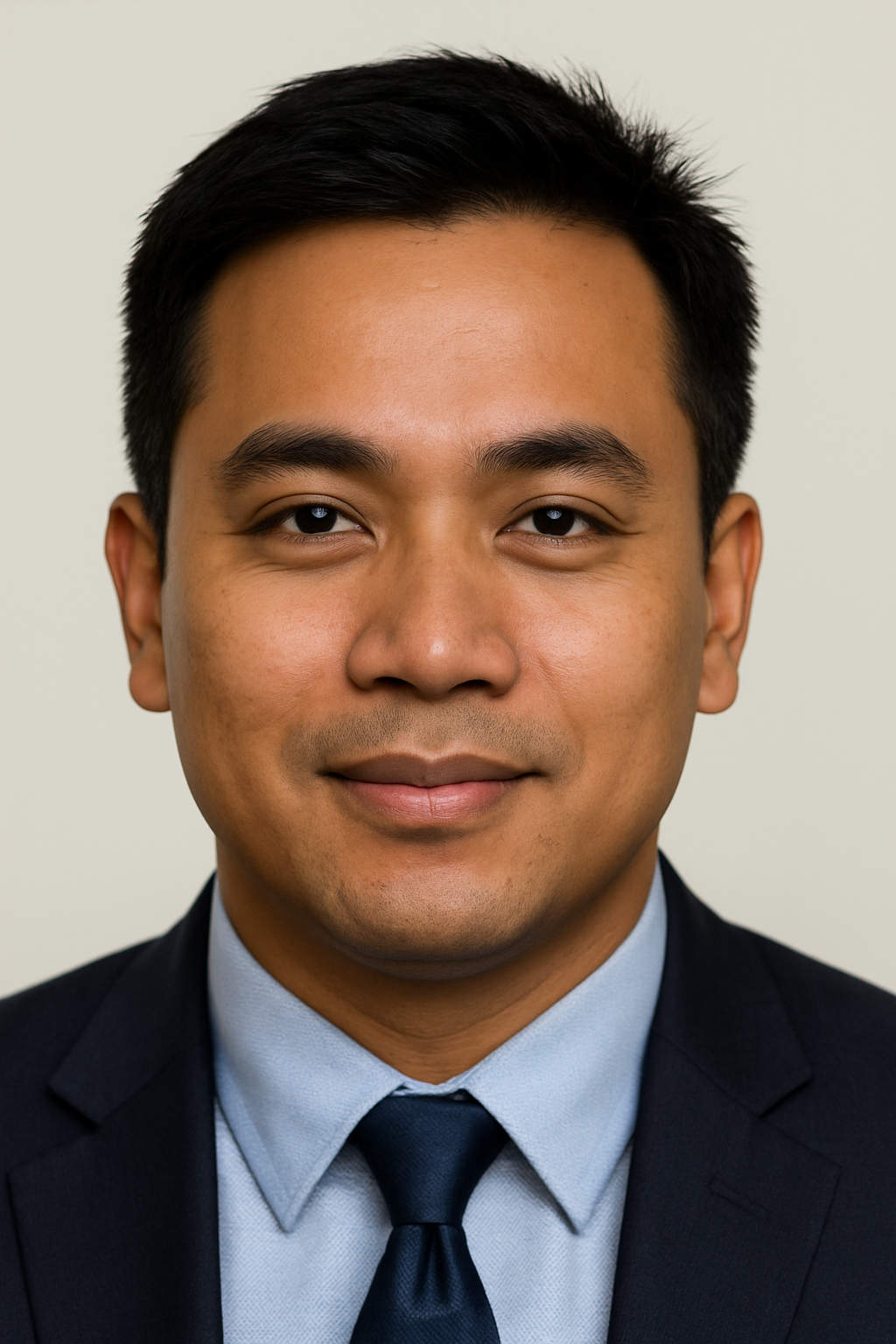 Headshot of a professional Filipino finance manager in a suit, smiling confidently.