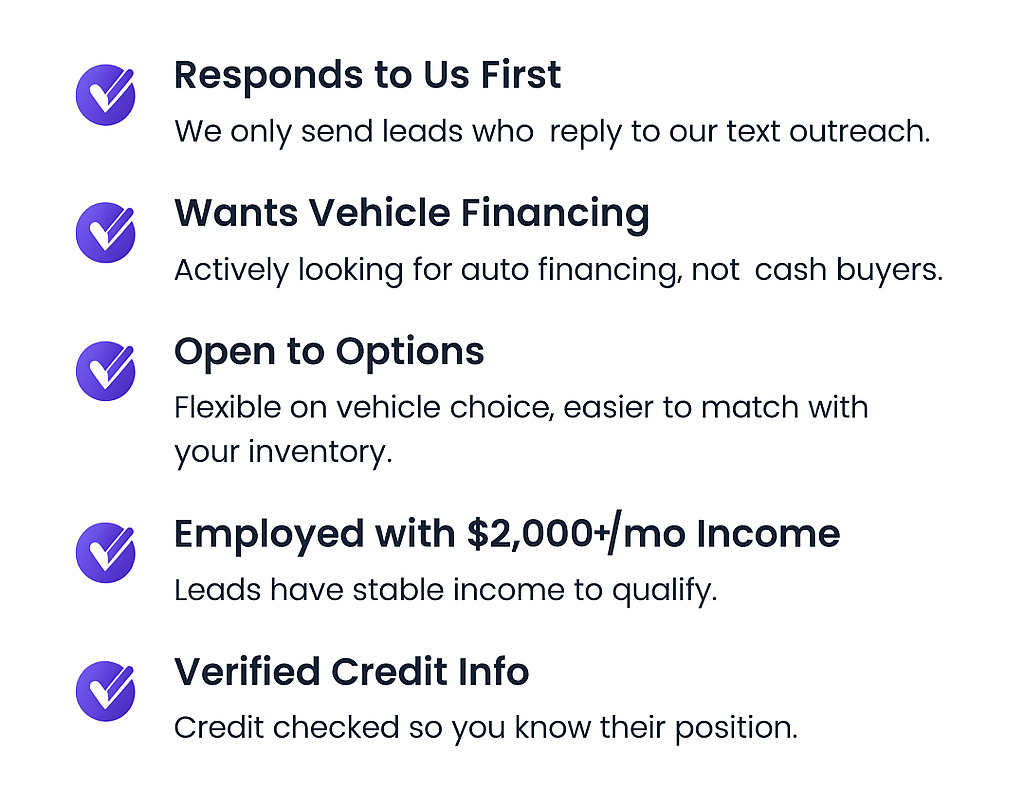Checklist showing DriveApprove’s lead qualifications including responsiveness, financing intent, flexibility, income, and verified credit.
